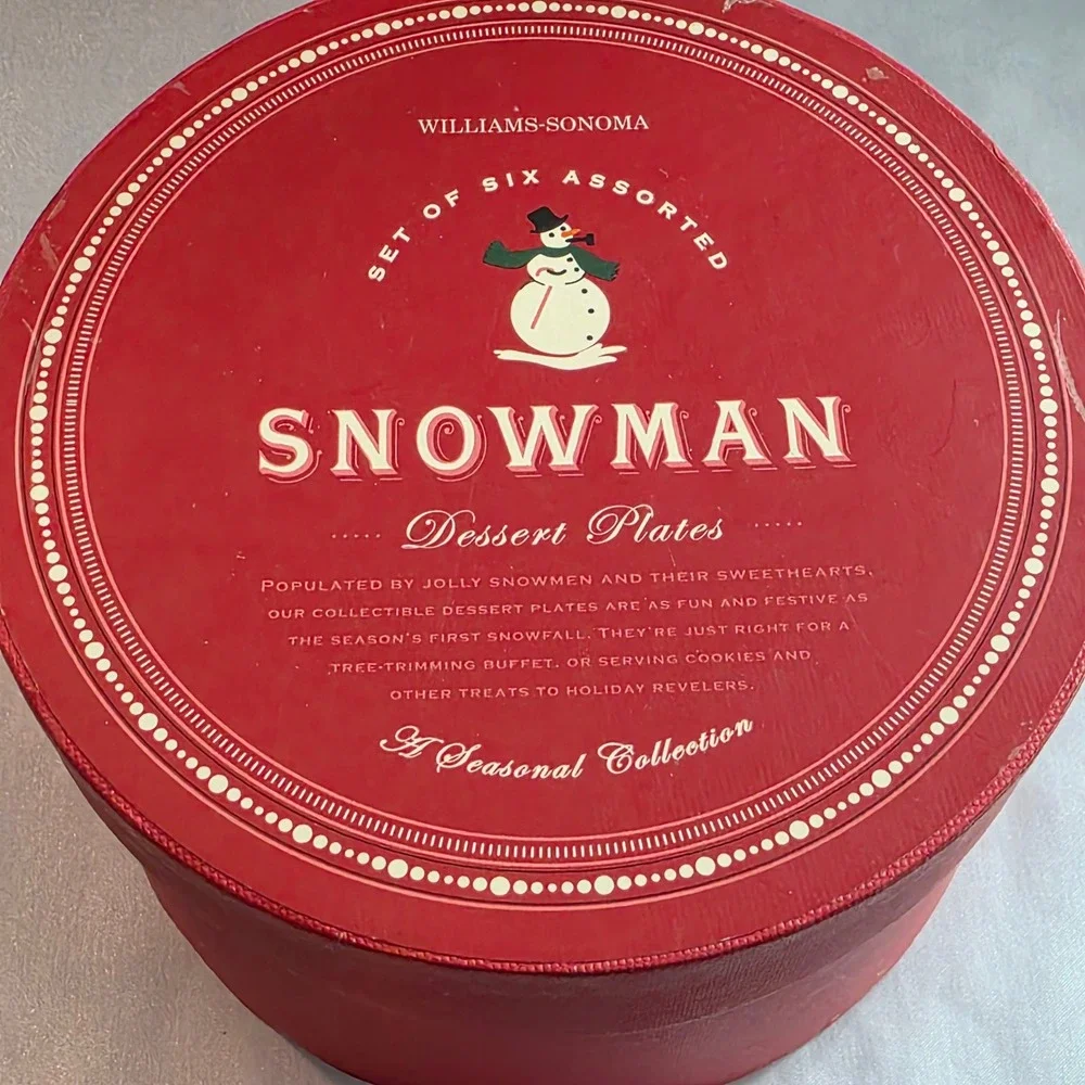 Vintage Williams Sonoma Snowman Dessert Plates Set of 6 Assorted Holiday White